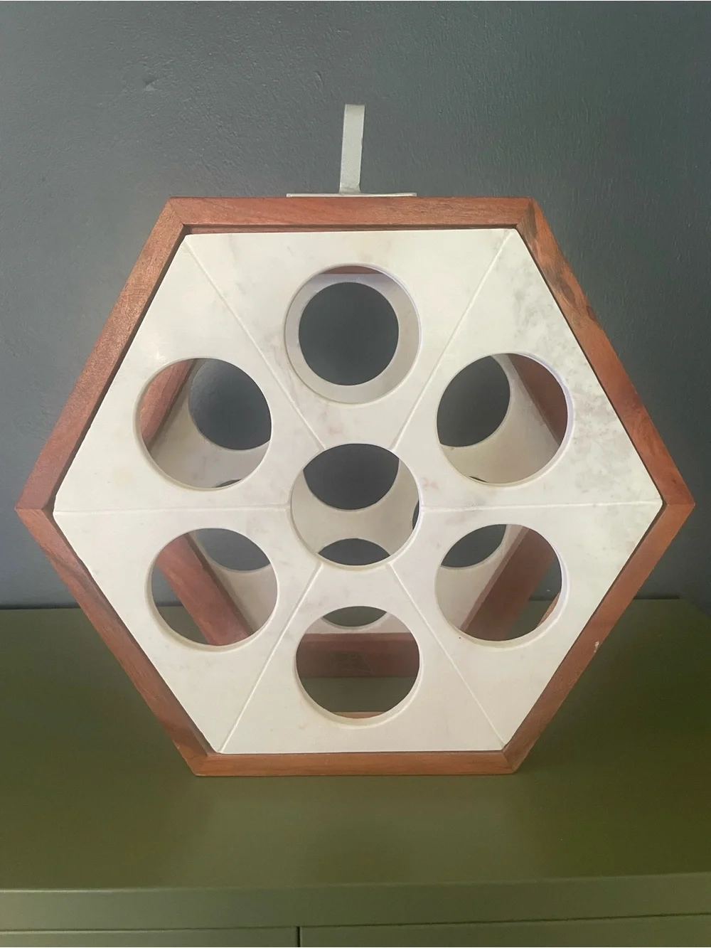 Hexagonal White Marble and Wooden Wine Rack